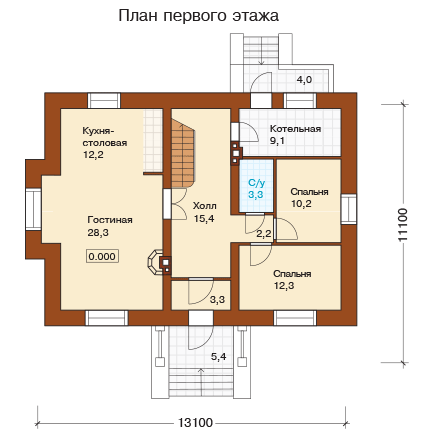 Планировка первого этажа с лестницей Купить проект двухэтажного загородного особняка L-215-1K на сайте moshomes.ru