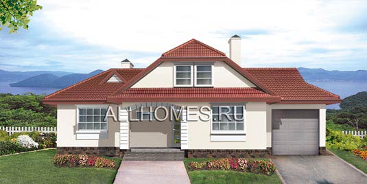 Проект компактного коттеджа из бруса с гаражом из кирпича F-195-1D площадью 194.90 кв.м и материалом дерево