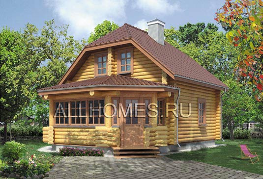 Проект бревенчатой дачи с большой верандой B-091-1D площадью 91.30 кв.м и материалом дерево