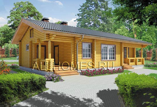 Проект одноэтажного бревенчатого дома с банным комплексом F-105-1D площадью 104.70 кв.м и материалом дерево