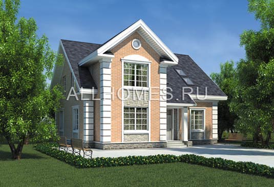 Проект двухэтажного коттеджа с классическими элементами облицовки I-196-1K площадью 195.90 кв.м и материалом кирпич